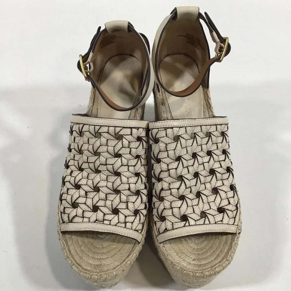 Women’s Tory Burch Cream Leather Espadrille Wedge Platform Sandal Size 7.5M